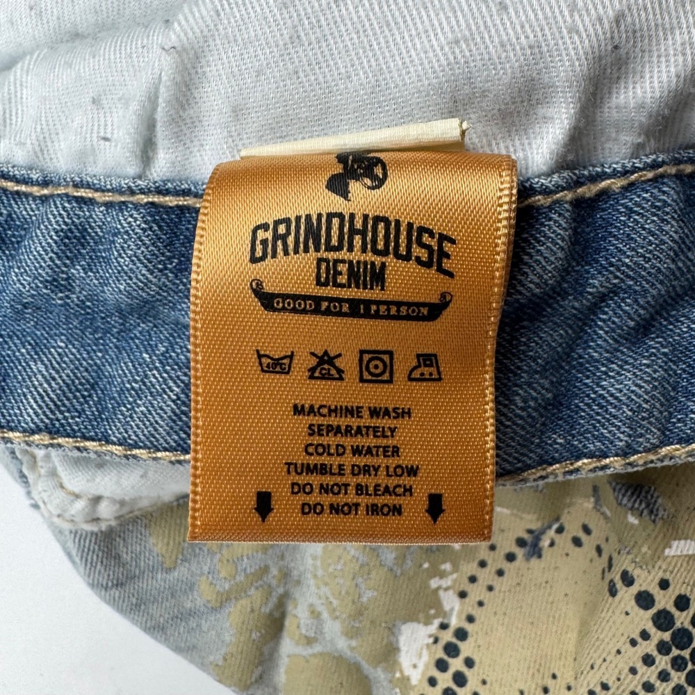 Grindhouse Denim Jeans 44 Light Wash Distressed Streetwear Graphic Star Peace - Picture 8 of 13